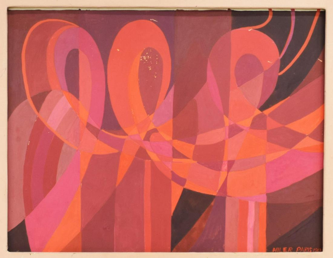 HILAIRE HARZBERG HILER (D.1966) ABSTRACT PAINTING: Framed gouache on Masonite painting, Untitled Abstract, signed lower right Hiler (Hilaire Harzberg Hiler, American, 1898-1966), dated 1963, Gerald P. Peters gallery label verso, frame lacking glass, s