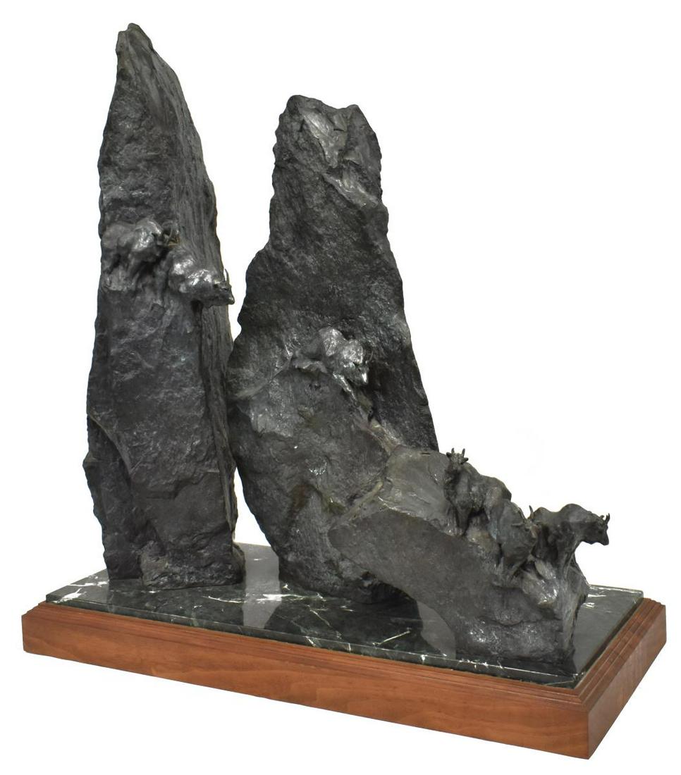 SHERRY SANDER (B.1941) MOUNTAIN GOATS BRONZE, 1991: Patinated bronze sculpture, Goats Above the Middle Fork, signed in cast S. Sander (Sherry Salari Sander, Montana, b.1941), dated 1991, numbered limited edition 20/35, on marble and walnut base, approx