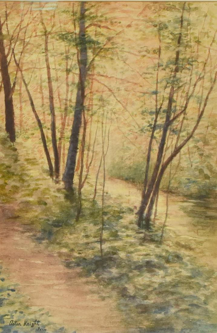 ASTON KNIGHT (1873-1948) WOODLAND PATH WATERCOLOR: Framed watercolor painting on paper, Woodland Path, signed lower left Aston Knight, Paris (New York, France, 1873-1948), sight: 15.25"h, 10.5"w, overall: 23.25"h, 19.25"w, 7.75lbs Start Price: $150.00