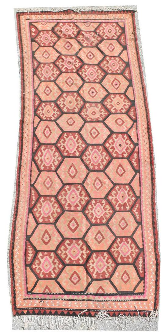 HAND-WOVEN KILIM RUNNER RUG, 14.5' x 4'11": Hand-woven Kilim runner, approx 14.5'l, 4'11"w **Provenance: From the estate of Ali A. Abssi (1934-2020) and Florence Hall Abssi (1919-2014), founders of the Ishtar Gate Gallery in the prestigious Hou