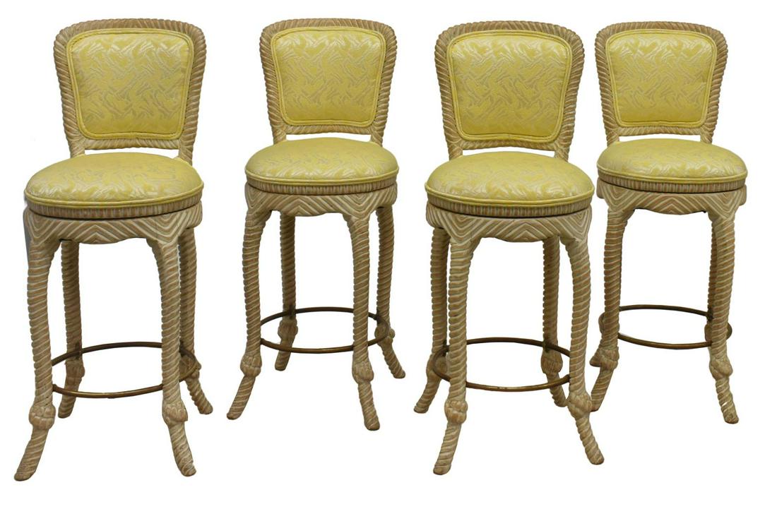 (4) CONTEMPORARY CARVED ROPE DESIGN BARSTOOLS: (lot of 4) Contemporary upholstered bar stools, late 20th c., frame with carved rope design, yellow upholstery to padded back and seat, legs joined by brass ring stretcher, approx 42.5"h, 17"diam, sea