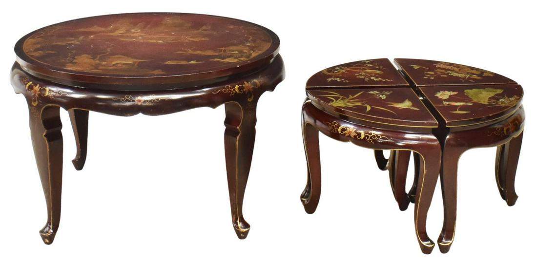 (5) CHINESE LACQUERED COFFEE TABLES: (lot of 5) Chinese lacquered coffee table, 20th c., circular tabletop with pagoda landscape scene, over conforming apron, rising on shaped legs, ending in pad feet, approx 19.5"h, 30"diam, together wi