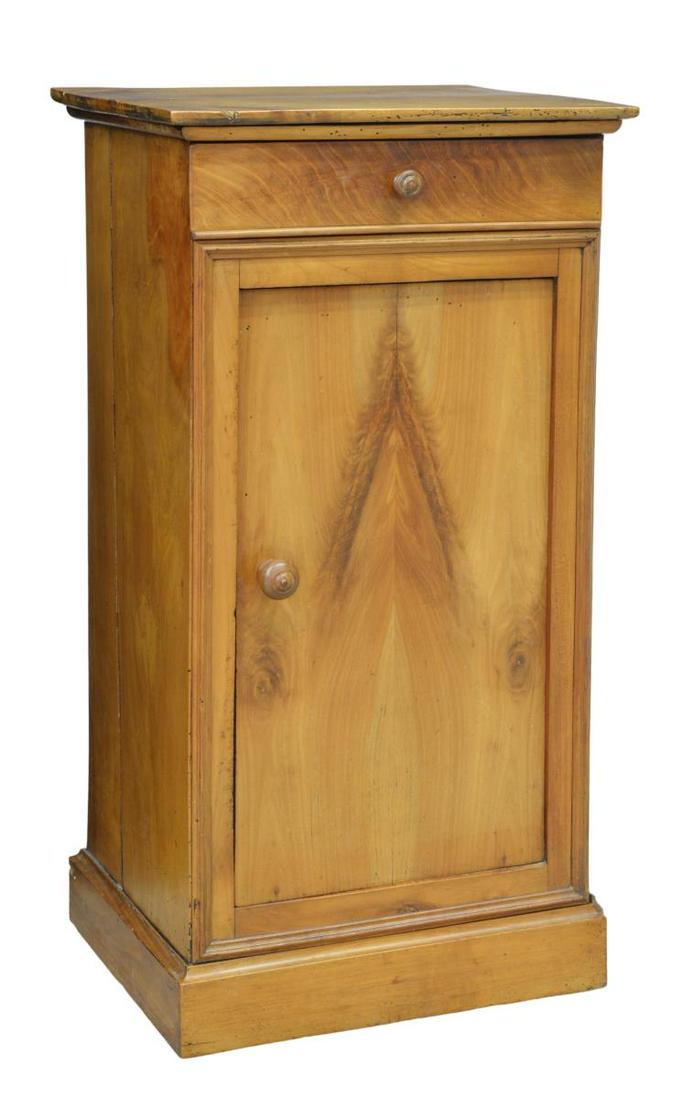 FRENCH LOUIS PHILIPPE PERIOD FRUITWOOD NIGHTSTAND: French Louis Philippe period fruitwood bedside cabinet, mid 19th c., fitted with a single drawer, over cabinet door, opening to interior shelf, rising on a plinth base, separation at side panels, rest