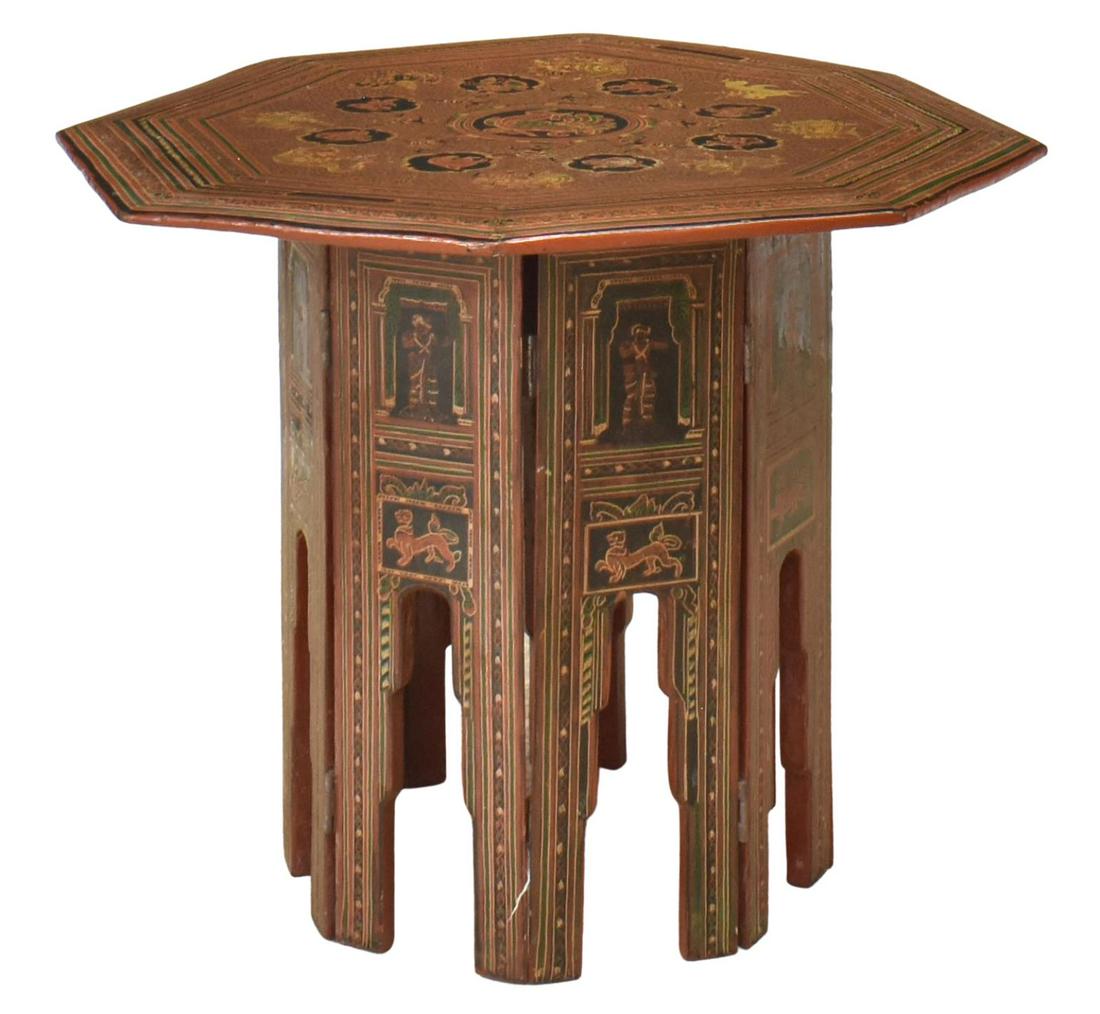 THAI HAND-PAINTED OCTAGONAL SIDE TABLE: Southeast Asian hand-painted octagonal side table, Thailand, 20th c., in two parts, extensively decorated throughout with animal and figural motifs, intricate running ornamentation, arched base, appro