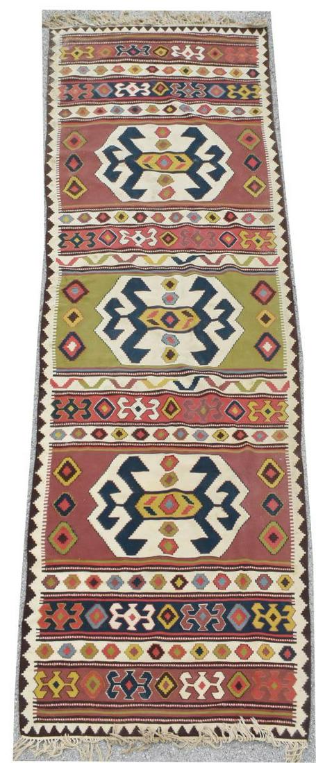 HAND-WOVEN KILIM RUNNER RUG, 12'7.5" x 4': Hand-woven Kilim runner, approx 12'7.5"l, 4'w **Provenance: From the estate of Ali A. Abssi (1934-2020) and Florence Hall Abssi (1919-2014), founders of the Ishtar Gate Gallery in the prestigious Hous