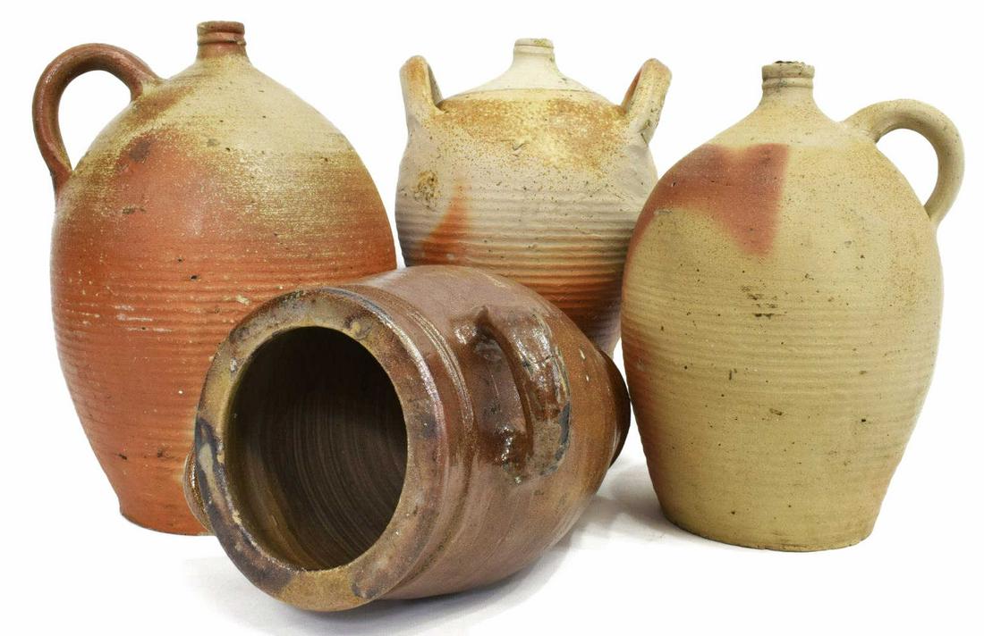 FRENCH EARTHENWARE POTTERY: JUGS & POT: (lot of 4) French earthenware pottery, late 19th/ early 20th c., including: (2) jugs, similarly styled, narrow pour spout at top, single handle, (one) with hole in body, (1) double handled jug, (1) po