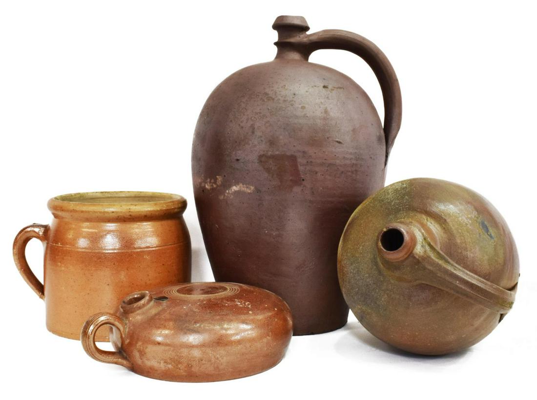 FRENCH EARHTENWARE POTTERY: JUGS, VESSEL, & CROCK: (lot of 4) French stoneware pottery, late 19th/ early 20th c., including: (2) jugs, similarly styled, narrow pour spout at top, single handle, (1) glazed crock, single handle, (1) glazed vessel, singl