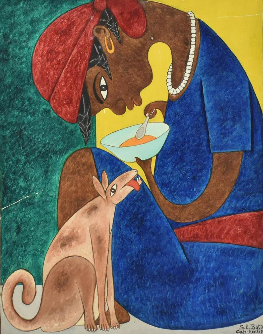 SEYMOUR ETIENNE BOTTEX (HAITI, 1922-2016) PAINTING: Framed oil on Masonite painting, Woman with Dog, signed lower right S.E. Bottex, Cap-Haitien (Seymour Etienne Bottex, Haitian, 1922-2016), scratch to paint along left edge, sight: approx 20"h, 16"w, o