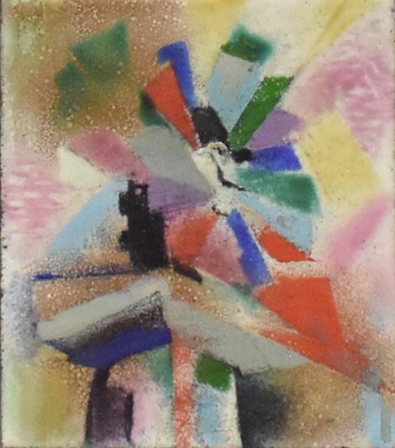 VERA WISE (1892-1978) ENAMEL PAINTING ON STEEL: Framed enamel painting on steel, "Windmill," label verso with artist's information, Vera Wise (American, 1892-1978), dated 1950, sight: approx 4.75"h, 4"w, overall: approx 15"h, 14.25"w, 3lbs Start Pr
