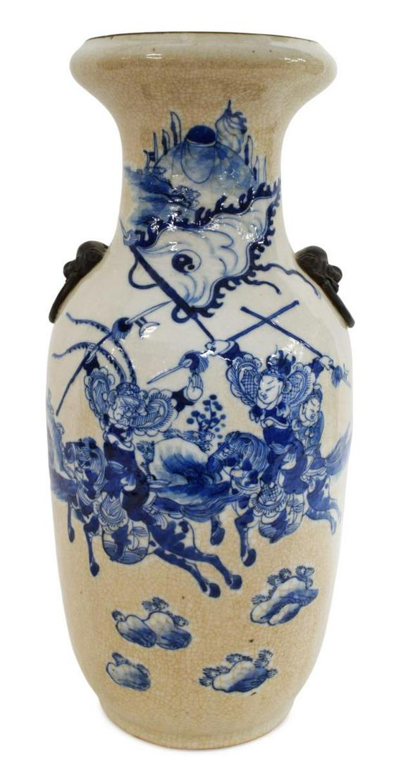 CHINESE BLUE & WHITE PORCELAIN GARLIC HEAD VASE: Chinese porcelain garlic mouth vase, blue glazed warriors on horseback, honorific Chenghua style incised brown ground base mark, approx 18"h, 8.25"diam, 9.5lbs **Provenance: From the estate of Ali A. 