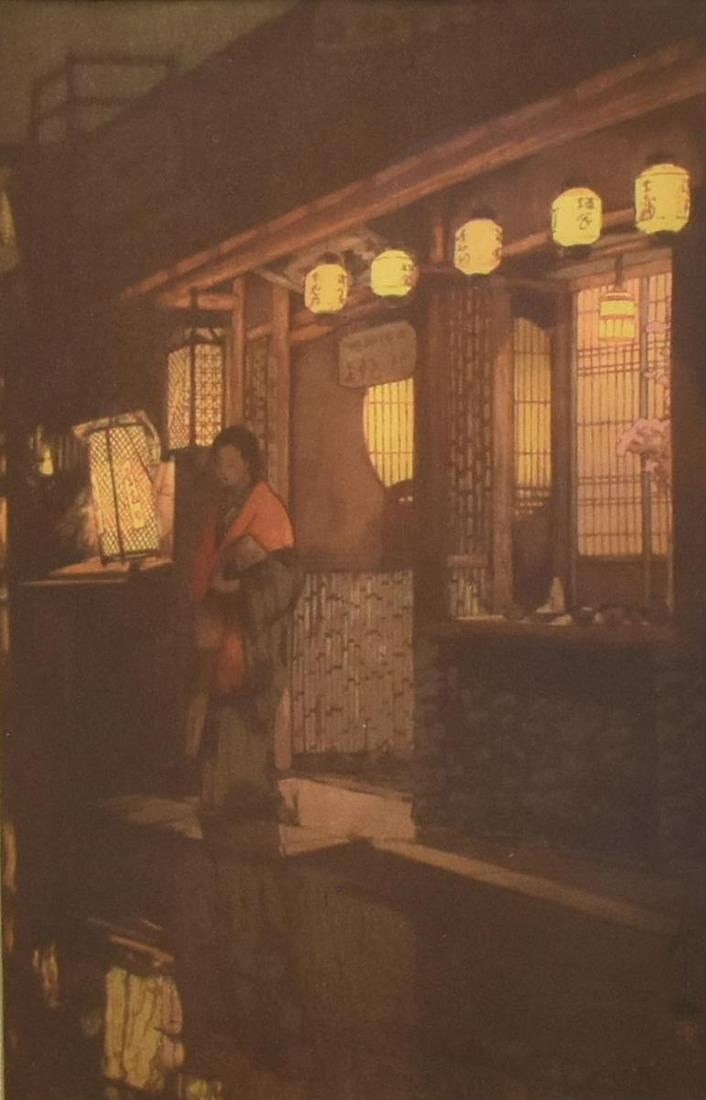 YOSHIDA HIROSHI (1876-1950) WOODBLOCK PRINT: Framed Japanese ukiyo-e woodblock print on paper, "A Little Restaurant," Yoshida Hiroshi (Japanese, 1876-1950), mounted to paper, sheet: approx 15.75"h, 10.5"w, overall: approx 21.75"h, 16 3/8"w, 4.25