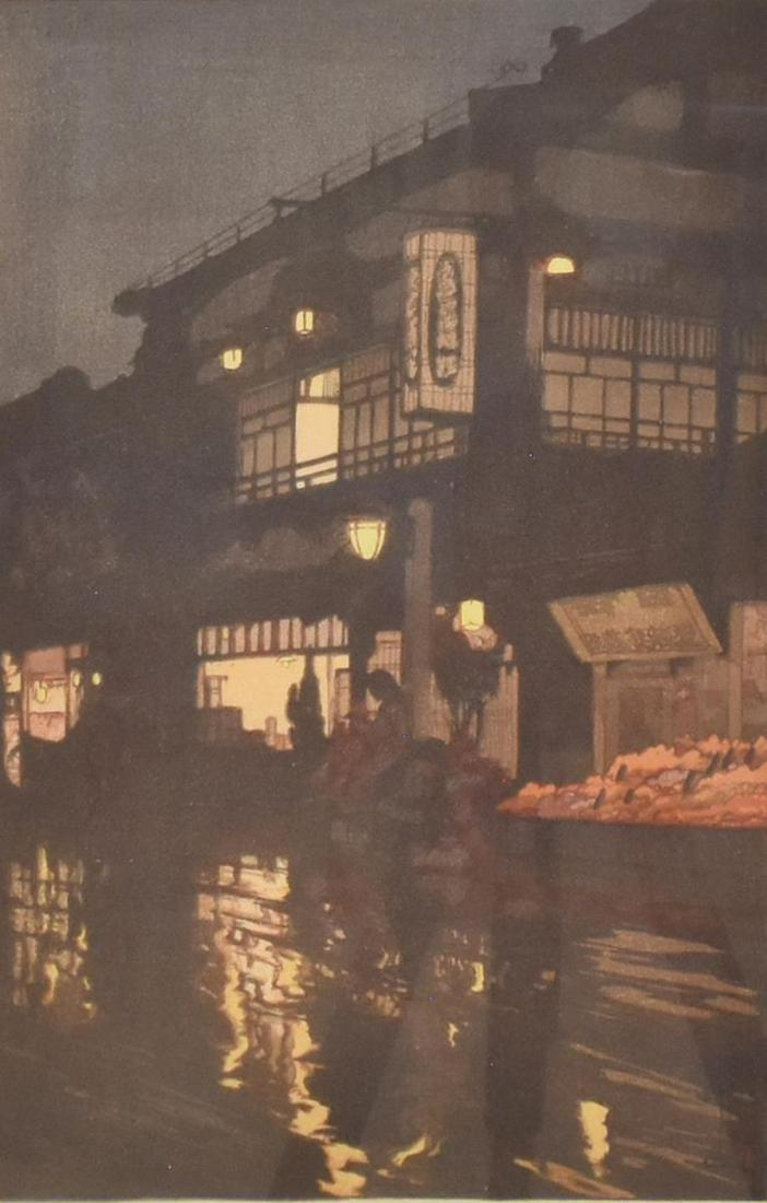 YOSHIDA HIROSHI (1876-1950) WOODBLOCK PRINT: Framed Japanese ukiyo-e woodblock print on paper, "Kagurazaka Dori" [Night after Rain], from the series Twelve Scenes of Tokyo, Yoshida Hiroshi (Japanese, 1876-1950), sight: approx 15.25"h, 10"w, over