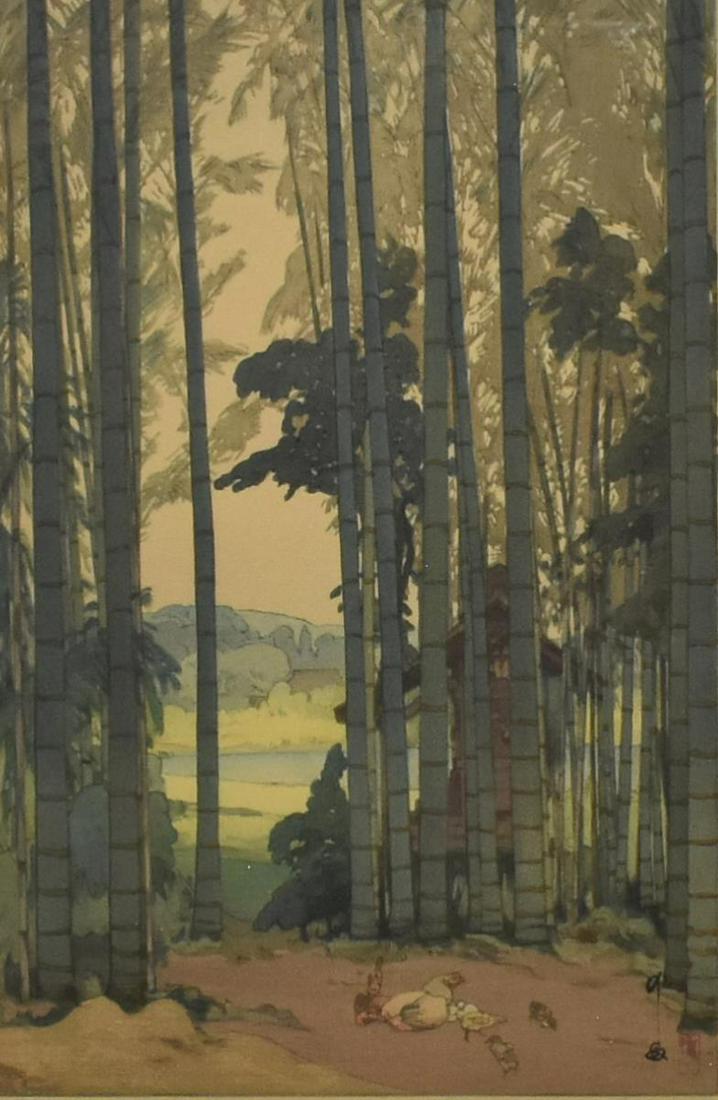 YOSHIDA HIROSHI (1876-1950) WOODBLOCK PRINT: Framed Japanese ukiyo-e woodblock print on paper, "Bamboo Wood," Yoshida Hiroshi (Japanese, 1876-1950), sight: approx 15.5"h, 10.25"w, overall: approx 21.75"h, 16.5"w, 3.5lbs **Provenance: From the es