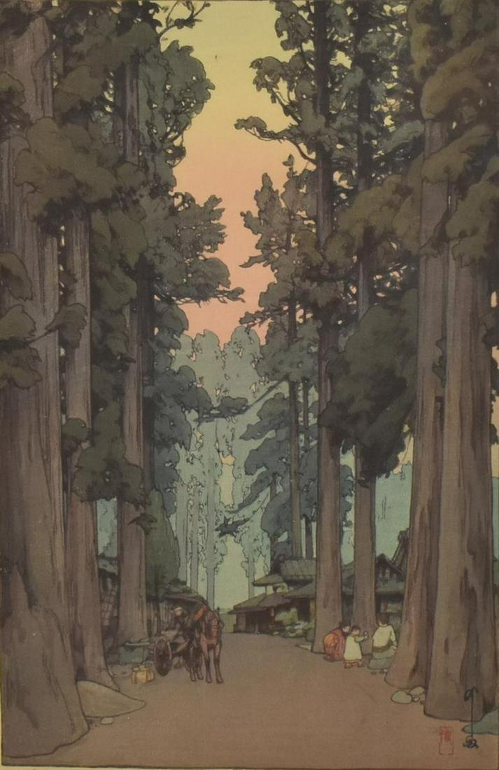 YOSHIDA HIROSHI (1876-1950) WOODBLOCK PRINT: Framed Japanese ukiyo-e woodblock print on paper, "Cryptomeria Avenue," Yoshida Hiroshi (Japanese, 1876-1950), sight: approx 15.5"h, 10.25"w, overall: approx 21.75"h, 16.5"w, 3.5lbs **Provenance: From