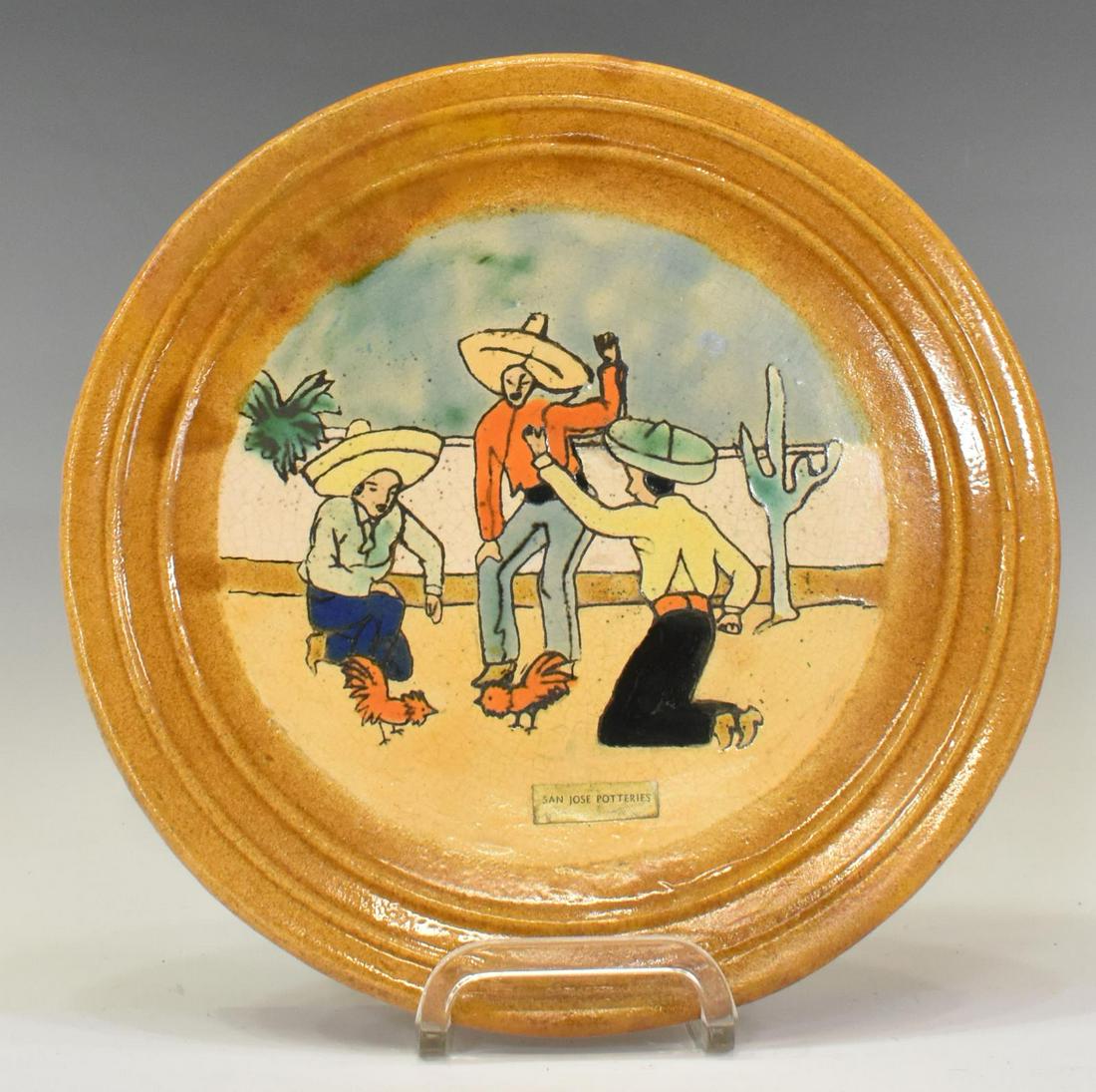 MISSION SAN JOSE POTTERIES COCKFIGHT PLATE: Mission San Jose Potteries glazed ceramic plate, 20th c., three figures observing a cockfight, retaining sticker, approx 10 3/8"diam, 1.5lbs Start Price: $80.00