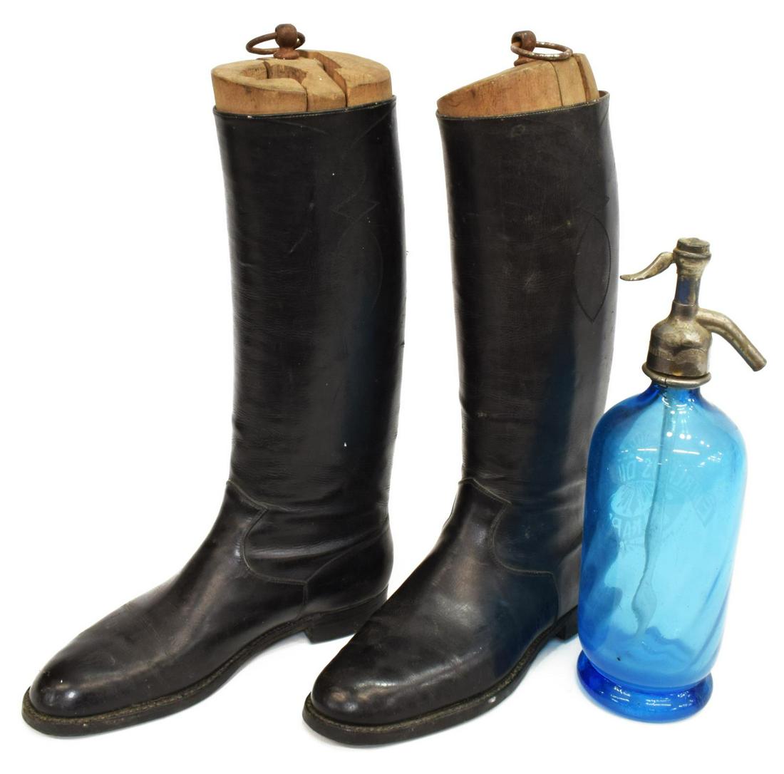 (2) FRENCH GLASS SELTZER BOTTLE & LEATHER BOOTS: (lot of 2) Decorative items, including: (1) French blue glass seltzer bottle, early 20th c., etched Entrepots Dinard, metal siphon head, approx 12"h, 3.75"diam, (pair) black leather riding boots, with