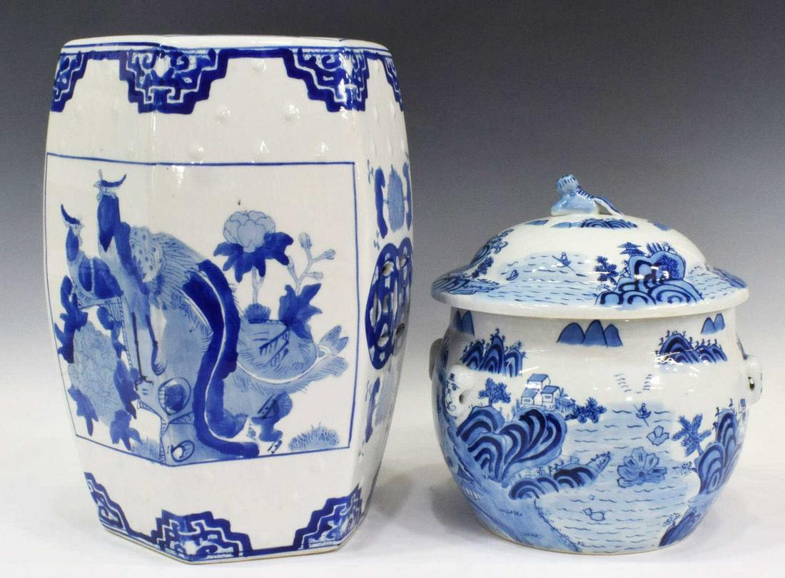 (2) CHINESE BLUE & WHITE GARDEN STOOL & LIDDED JAR: (lot of 2) Chinese blue and white porcelains, including: (1) garden stool, hexagonal form, openwork elements, with foliate motifs, phoenixes in floral scene depicted on seat base, approx 15.25"h, 10"w