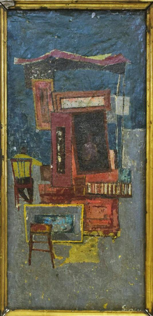 SIGNED OIL ON MASONITE PAINTING: Framed oil on masonite painting, signed lower right Spig...(?), paint loss, sight: approx 15.25"h, 7.25"w, overall: approx 20"h, 12"w, 3.25lbs Start Price: $50.00