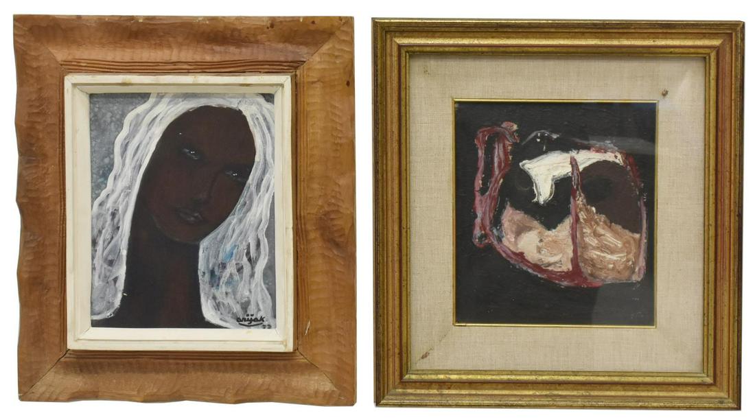(2) FRAMED MODERN PAINTINGS: (lot of 2) Framed paintings, including: (1) mixed media on Masonite, Portrait of a Lady, signed lower right Onijak (?), sight: 9.5"h, 7.5"w, overall: 16"h, 14"w, (1) oil on board, unsigned, Italian fr