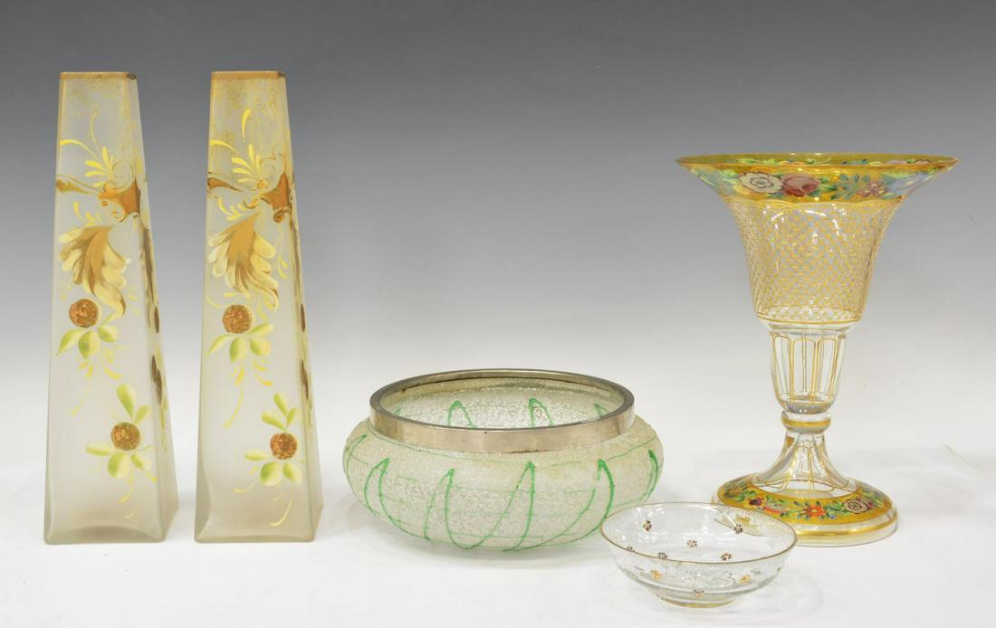 (5) GROUP OF ART GLASS VASES, BOWLS, & COMPOTE: (lot of 5) Group of art glass items, early 20th c., comprising: (2) frosted glass vases, with painted floral design, approx 12.75"h, 3.25"w, 3.25"d, (1) compote, having flared rim, floral and gilt des