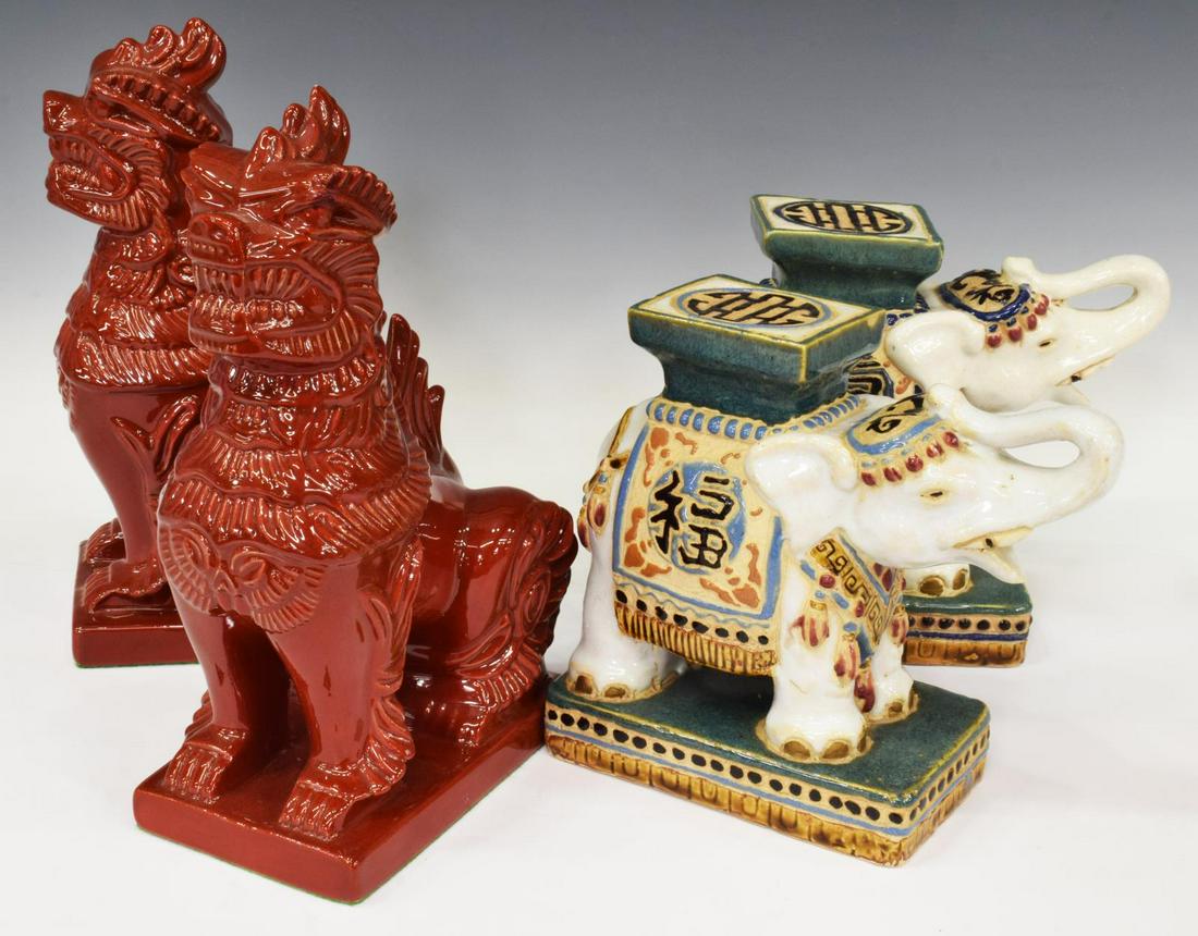 (4) CHINESE PORCELAIN QILINS & ELEPHANT STANDS: (lot of 4) Chinese porcelain animal figures, including: (pair) qilins, in an all-over red glaze, seated on plinth base, approx 11"h, 4"w, 6.5"d, (pair) elephant plant stands, having polychrome glaze, 