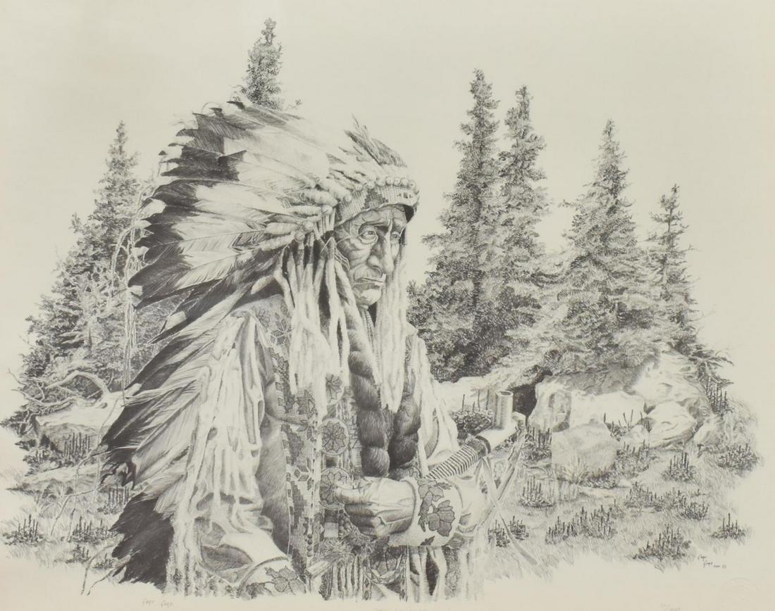 GARY GORE 'THE WANEKIA' NATIVE AMERICAN PRINT: Framed offset lithograph on paper, "The Wanekia," signed in print lower right Gary Gore (American, 20th c.), dated 1980, sight: approx 23"h, 29.5"w, overall: approx 29.25"h, 35.25"w, 13lbs **Provenanc