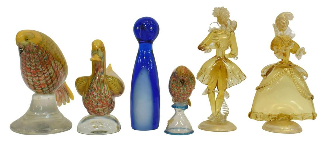(6) ITALIAN MURANO & VENETIAN ART GLASS FIGURES: (lot of 6) Italian art glass figures, mid 20th c., some losses overall as described, including: (1) penguin, Barovier and Toso, approx 9.25"h, (2) Venetian couple, attributed to Salviati, in 18th cent