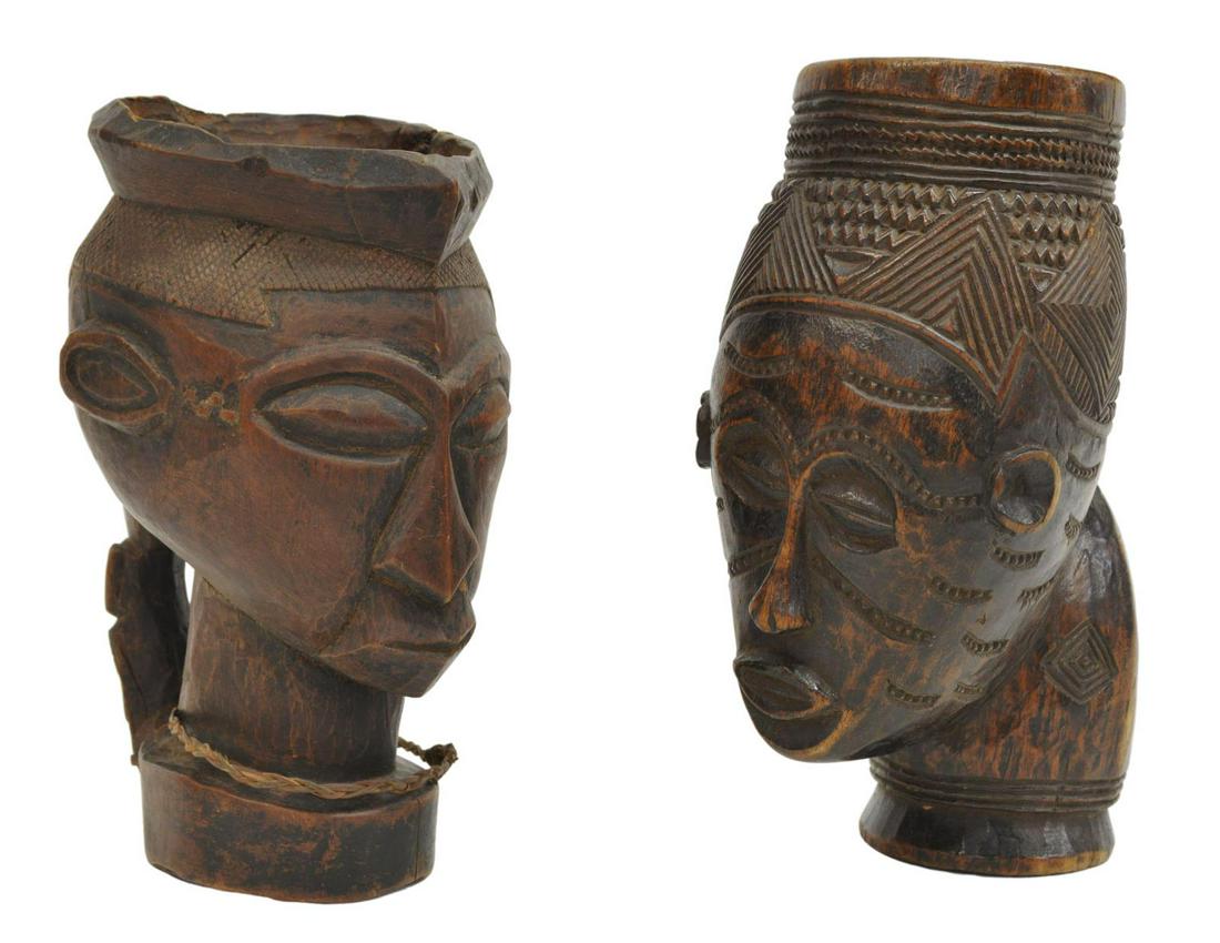 (2) AFRICAN TRIBAL CARVED WOOD KUBA CUPS: (lot of 2) African tribal carvings, including: (2) palm wine cups, Kuba peoples, Democratic Republic of Congo, tallest: approx 8"h; 2.25lbs total **Provenance: From the estate of Ali A. Abssi (1934-20