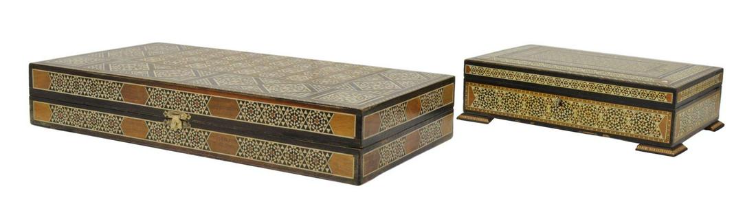 (2) ARABESQUE INLAID GAMES BOX & TABLE BOX: (lot of 2) Arabesque inlaid boxes, including: (1) parquetry inlaid games box, for checkers, chess and backgammon, densely inlaid throughout with bone and contrasting woods in star and geometric patter