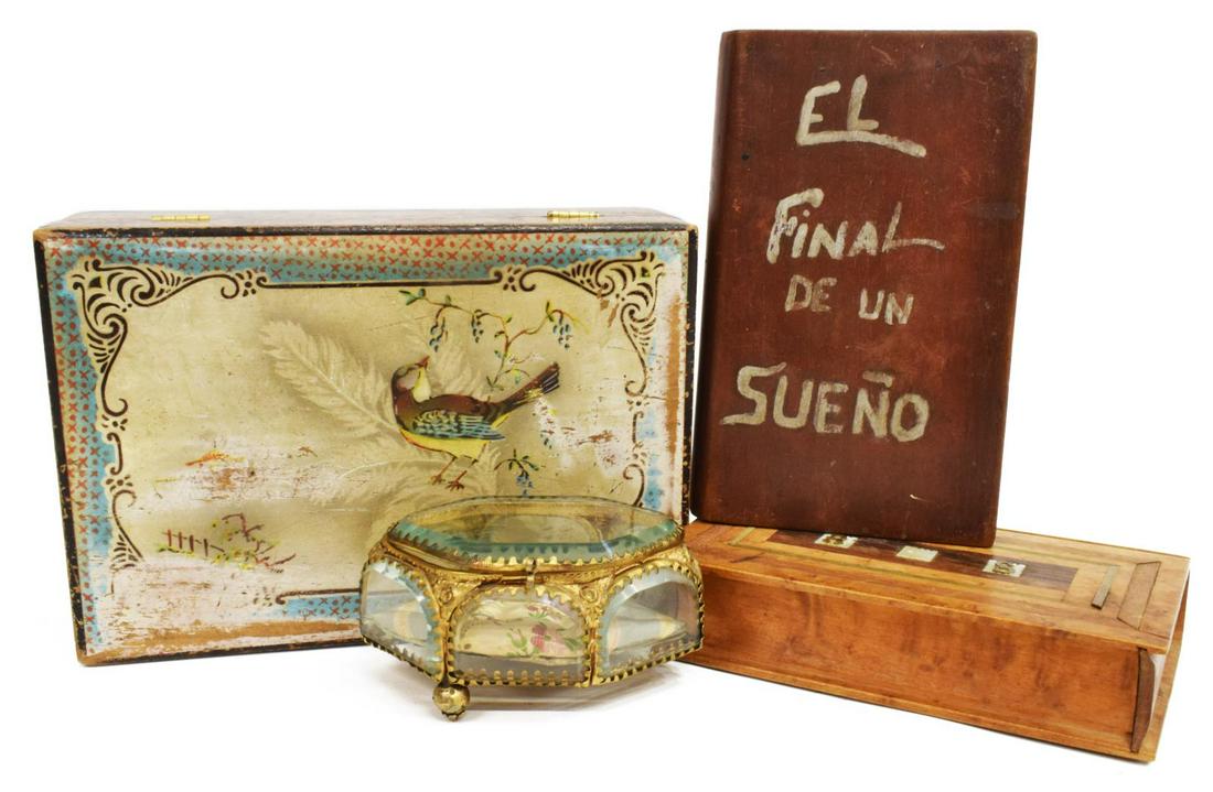 (4) DECORATIVE JEWELRY & OTHER BOXES: (lot of 4) Jewelry and other boxes, comprising: (1) in the form of a book, inscribed "El Final de un Sueno (The End of a Dream)," likely used as a coin bank, (1) featuring bird and foliate scene in wo