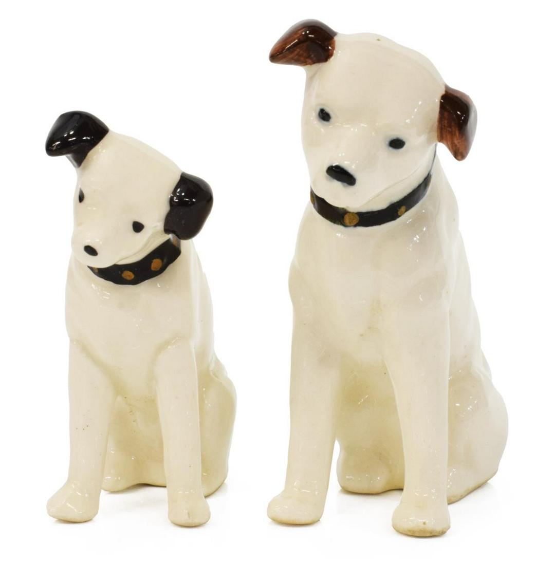 (2) RCA MASTER'S VOICE CERAMIC CHIPPER & NIPPER: (lot of 2) RCA "His Master's Voice" ceramic dog figures, Chipper and Nipper, largest: approx 3"h; 61 grams total Start Price: $50.00