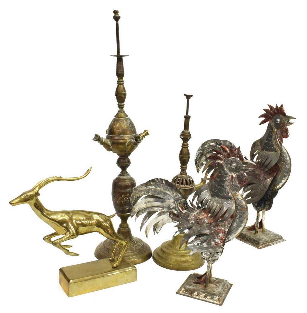 (5) WHALE OIL LAMPS, TIN ROOSTERS & BRASS GAZELLE: (lot of 5) Decorative metalware, including: (2) antique brass whale oil lamps, largest: approx 24"h; (1) brass figure of a leaping gazelle, on a rectangular base, approx 10"h, 6.25"l, 3"w; (pair) cut 