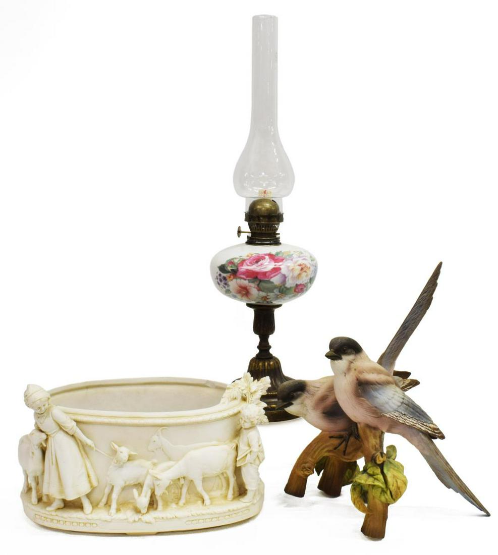 (3) GROUP: BIRD SCULPTURE, JARDINIERE, OIL LAMP: (lot of 3) Group of decorative table items, comprising: (1) ceramic bird group, signed underfoot C. Martiou, numbered 13, approx 12.75"h, 6.5"w, (1) German alabaster jardiniere planter, depicting chil