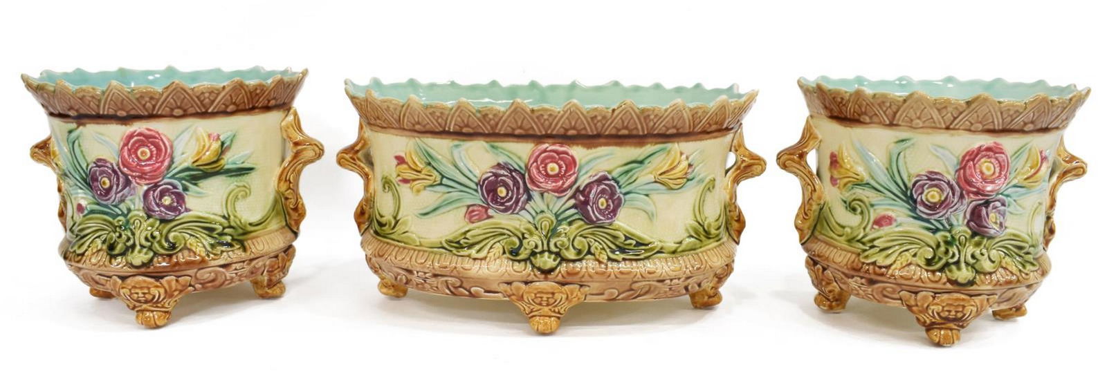 (3) FRENCH MAJOLICA JARDINIERE & CACHEPOTS (1 of 3)