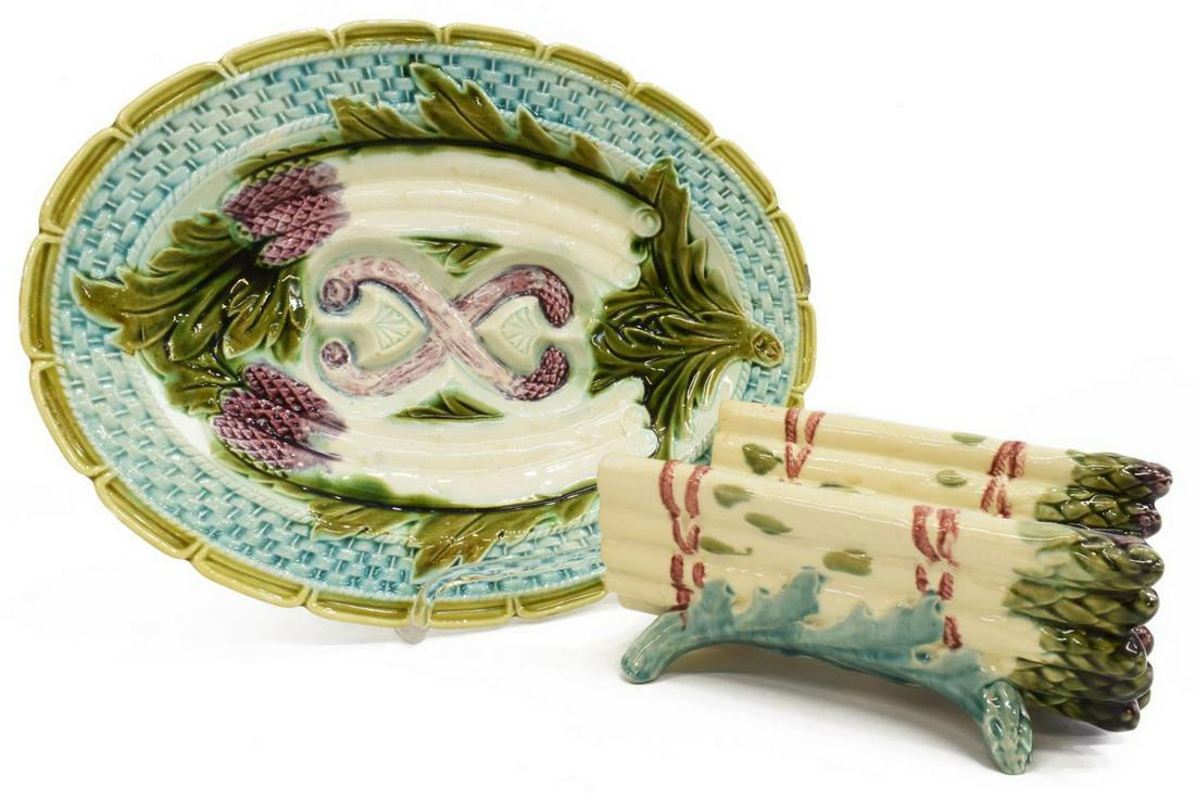 (2) FRENCH MAJOLICA ASPARAGUS PLATTER & CRADLE (1 of 6)