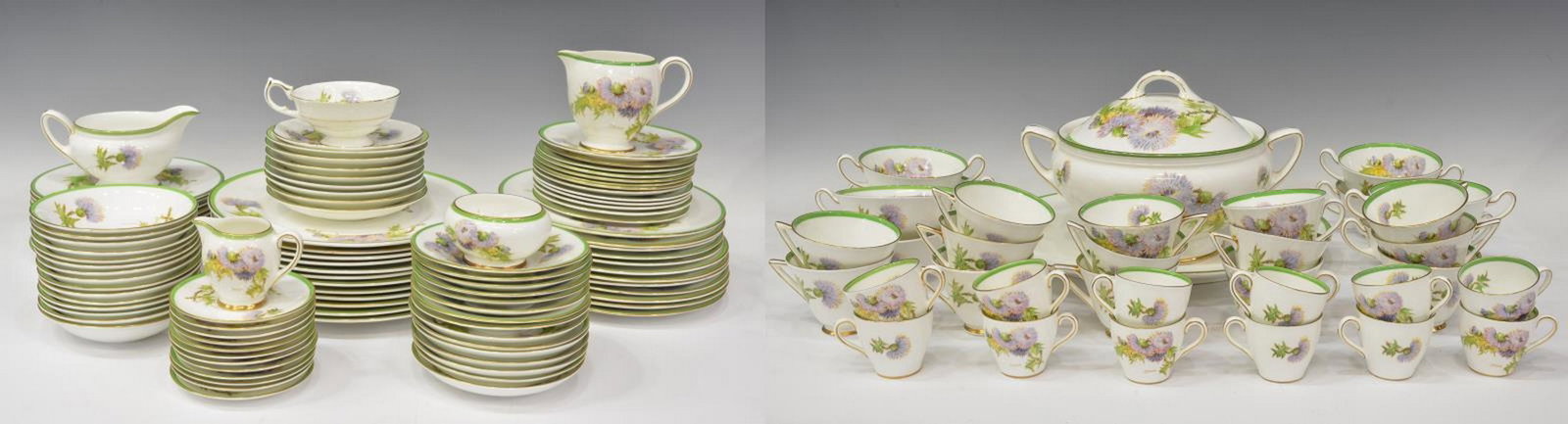(139) ROYAL DOULTON GLAMIS THISTLE DINNER SERVICE: (lot of 141) English Royal Doulton bone china dinner service, in the "Glamis Thistle" pattern, designed by Percy Curnock (English, 19th/ 20th c.), including: (12) dinner plates, 10 5/8"diam, (12) lunc