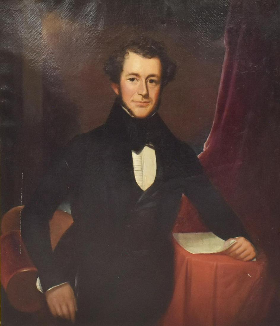 JOHN WESLEY JARVIS (ATTRIB.) PORTRAIT OF GENTLEMAN: Framed oil on canvas painting, Portrait of a Gentleman, attributed to John Wesley Jarvis (New York, Pennsylvania, 1780-1840), document in sitter's hand dated 1839 and signed Jarvis pinxit (?), restora