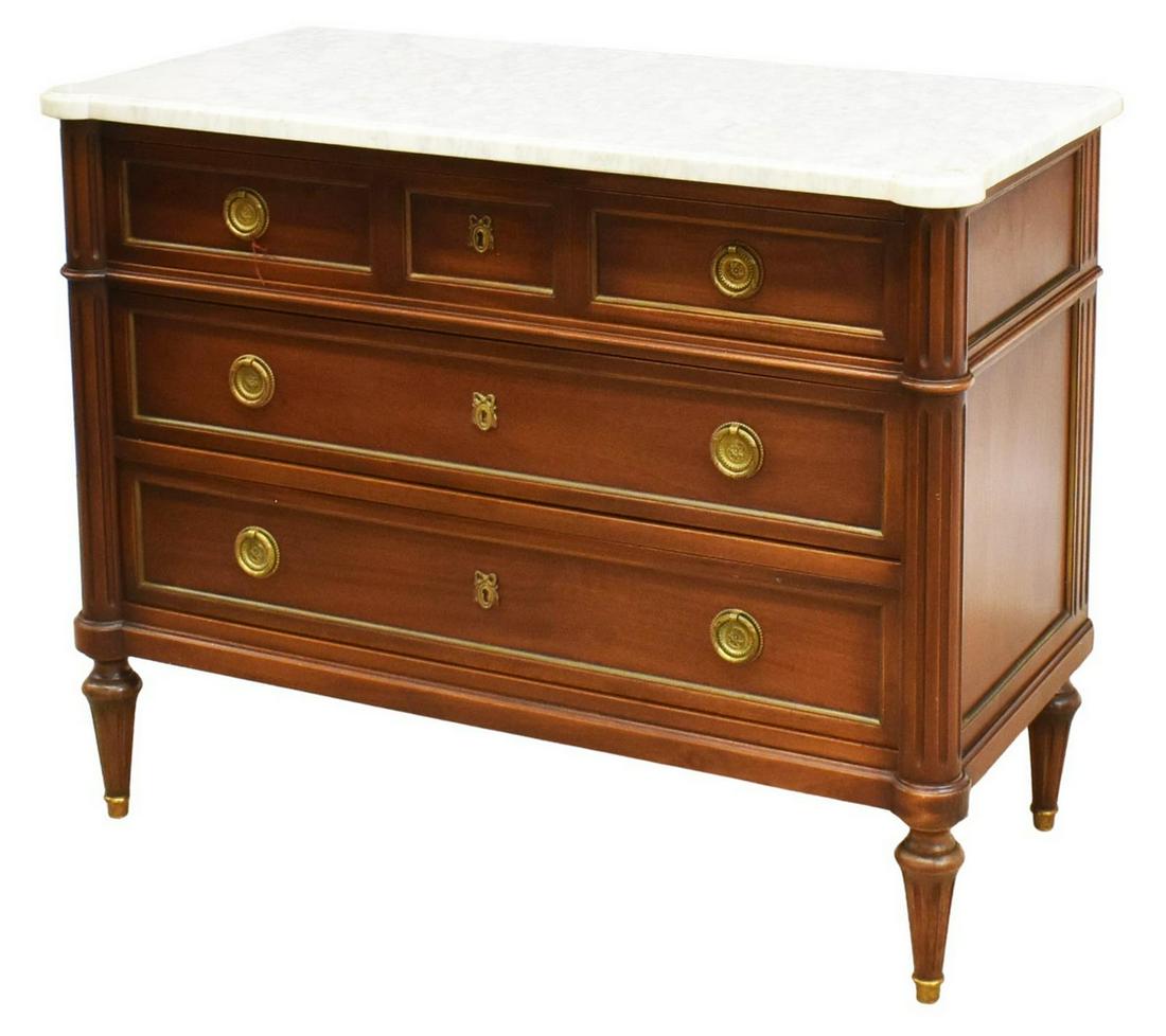 FRENCH LOUIS XVI STYLE MARBLE-TOP MAHOGANY COMMODE: French Louis XVI style marble-top mahogany commode, 20th c., three drawers with gilt metal trim, fluted corner posts, rising on tapered legs, ending in metal feet caps, approx 32.75"h, 41.75"w, 20"d S