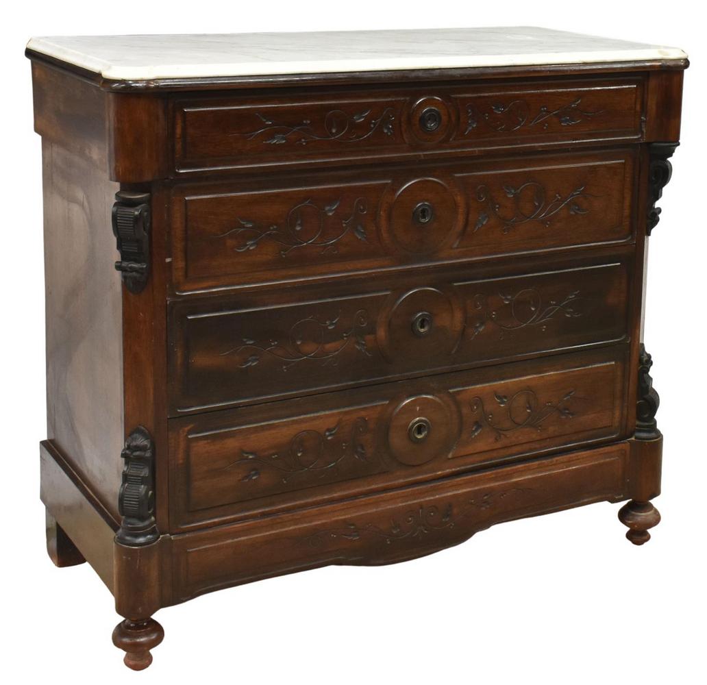 SPANISH ALFONSINO MARBLE-TOP ROSEWOOD COMMODE: Spanish Alfonsino marble-top rosewood commode, late 19th c., having a shaped marble top, over case fitted with four drawers, incised vines to drawer fronts, above concealed lower drawer, ebonized and