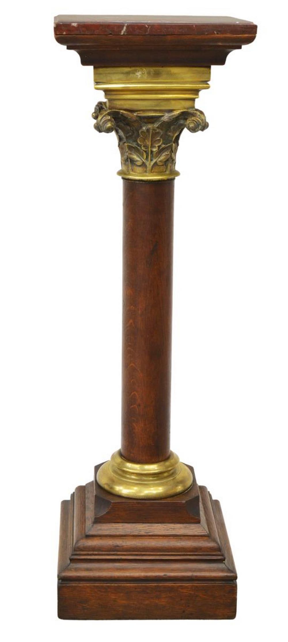 MARBLE-TOP OAK COLUMN PEDESTAL STAND (1 of 4)