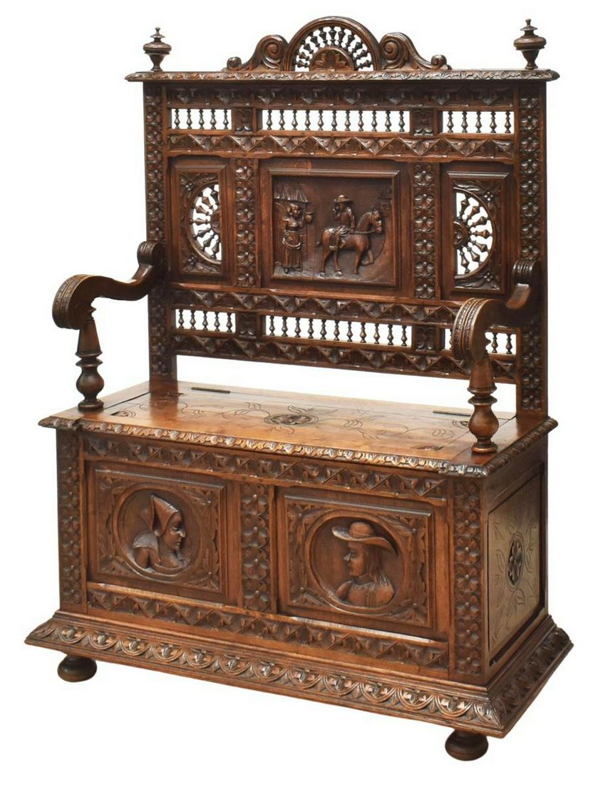 FRENCH BRETON CARVED OAK HALL BENCH (1 of 6)
