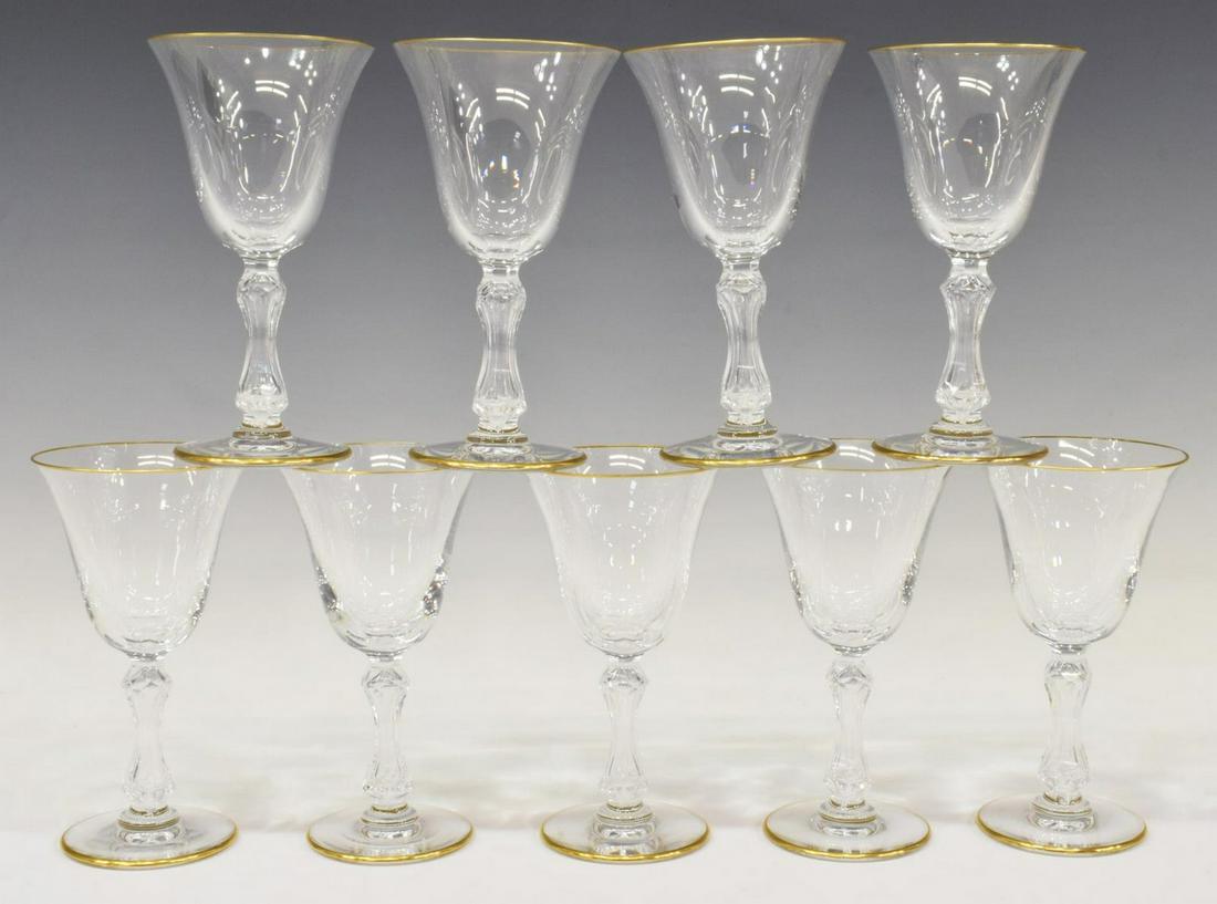(9) ST LOUIS LOZERE GOLD CRYSTAL WINE STEMS: (lot of 9) French St Louis "Lozere Gold" crystal wine stems, plain bowl with gilt rim, cut stem, on a circular foot, acid-etched mark underfoot, approx 5.5"h, 3"diam; 3lbs total Start Price: $150.00