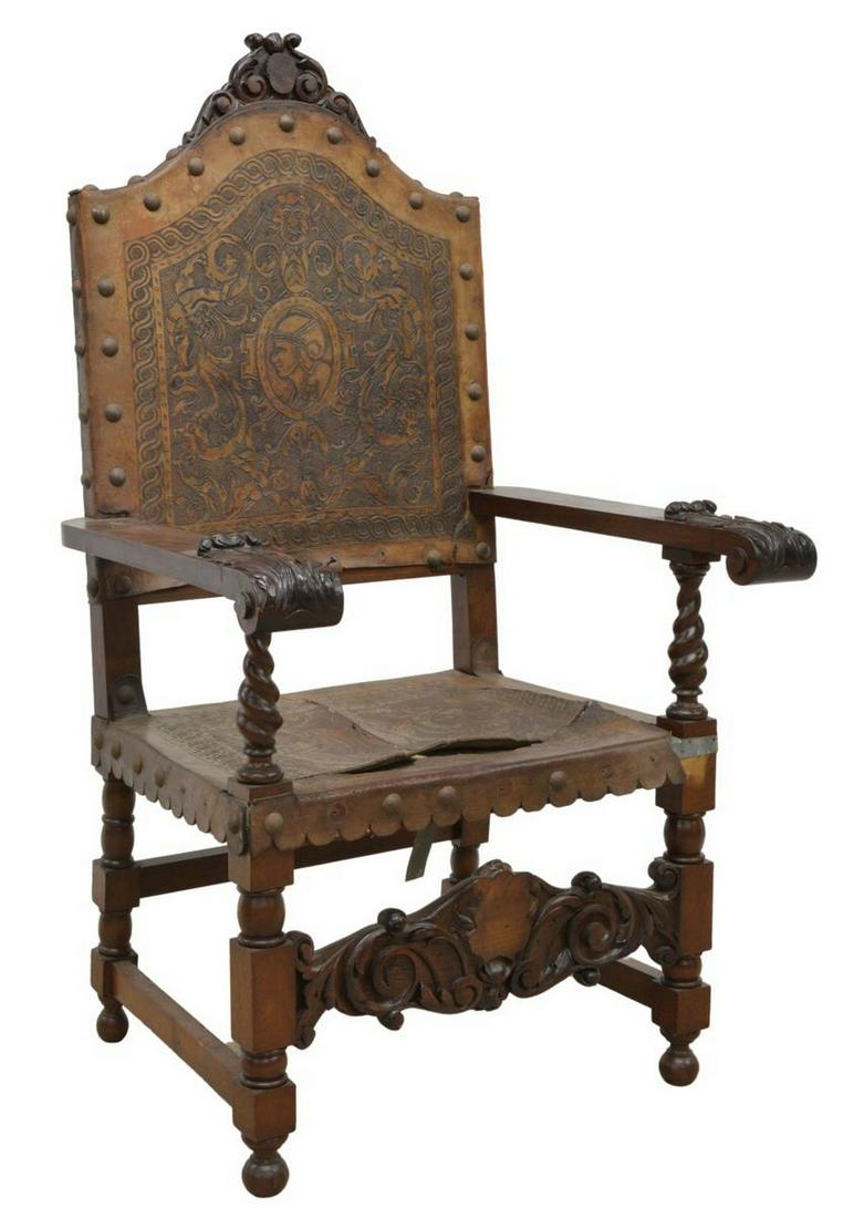 SPANISH BAROQUE STYLE WALNUT & LEATHER ARMCHAIR (1 of 5)