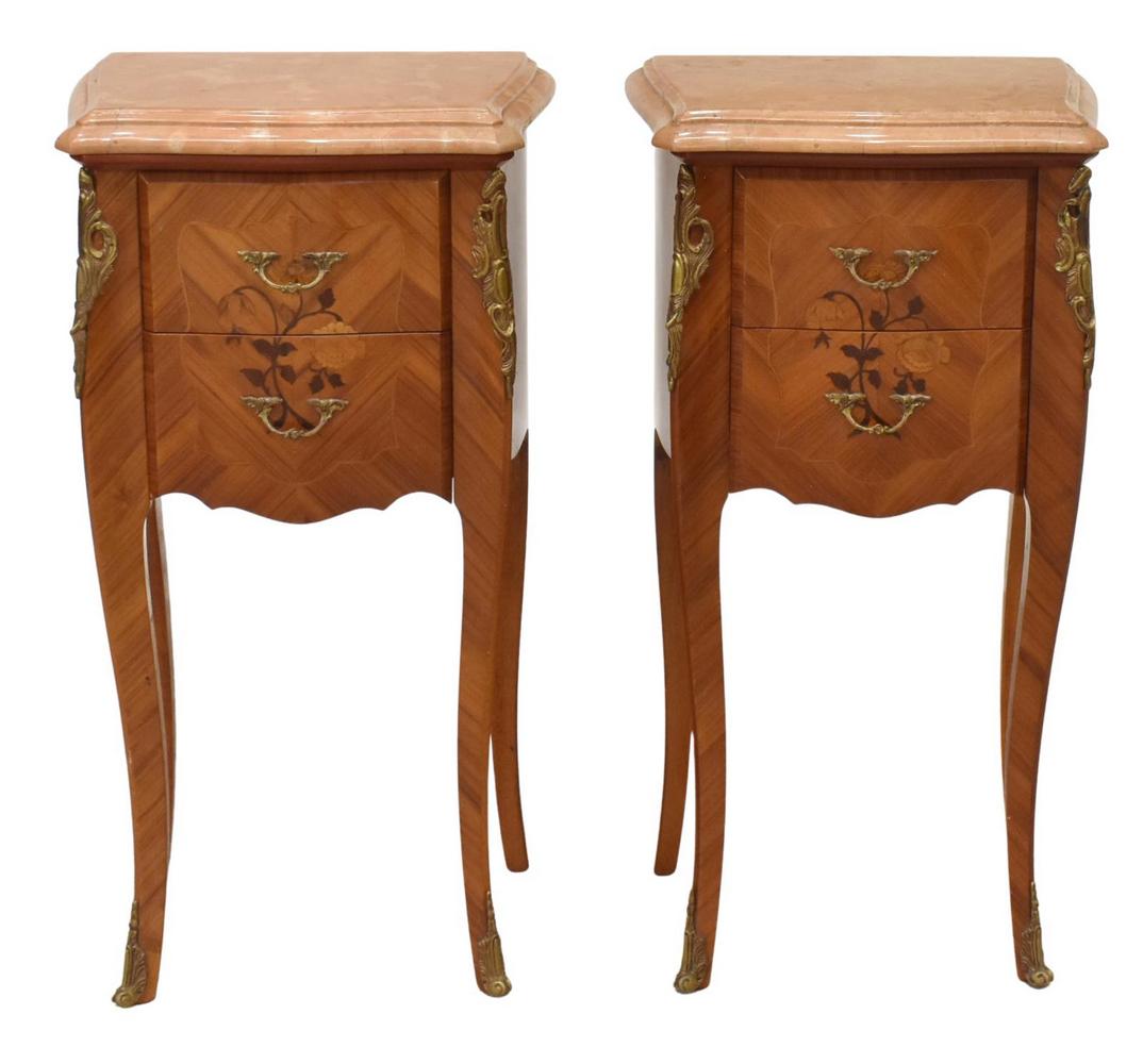 (2) FRENCH LOUIS XV STYLE MARBLE-TOP NIGHTSTANDS: (pair) French Louis XV style marble-top marquetry nightstands, 20th c., shaped marble top, over case in matched veneers, fitted with two drawers, gilt metal mounts, rising on cabriole legs, ending in 