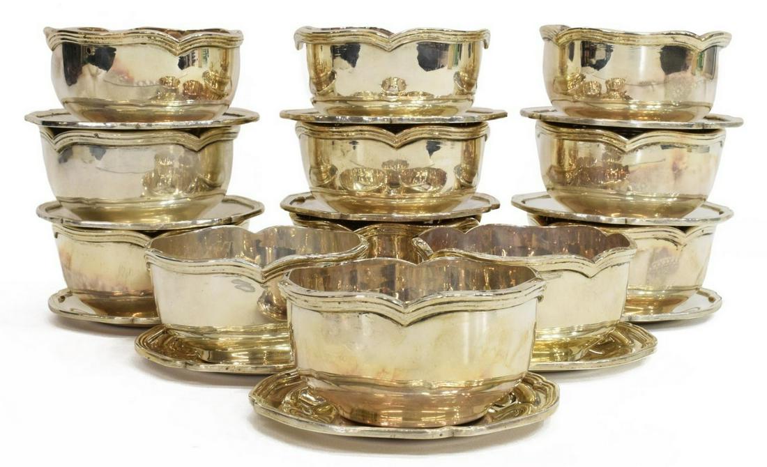 (24) EGYPTIAN SILVER BOWLS & UNDERPLATES: (lot of 24) Egyptian silver tableware, post 1946, lotus flower hallmark, swan in an oval cartouche, likely a French import mark, including: (12) bowls, approx 2.25"h, 4 1/8"diam, (12) underplates/ sau