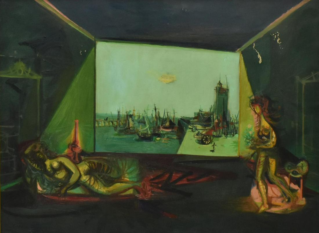 JEAN CARZOU (1907-2000) RECLINING NUDE PAINTING: Framed oil on canvas painting, Reclining Nude, Window to the Harbor, signed lower left Carzou (Jean Carzou, Armenian-French, 1907-2000), remnants of exhibition label verso, paint loss, sight: approx 2