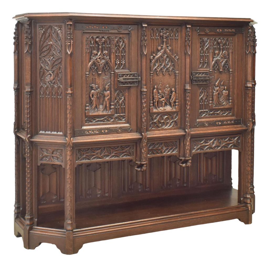 FRENCH GOTHIC REVIVAL HEAVILY CARVED OAK CABINET (1 of 6)