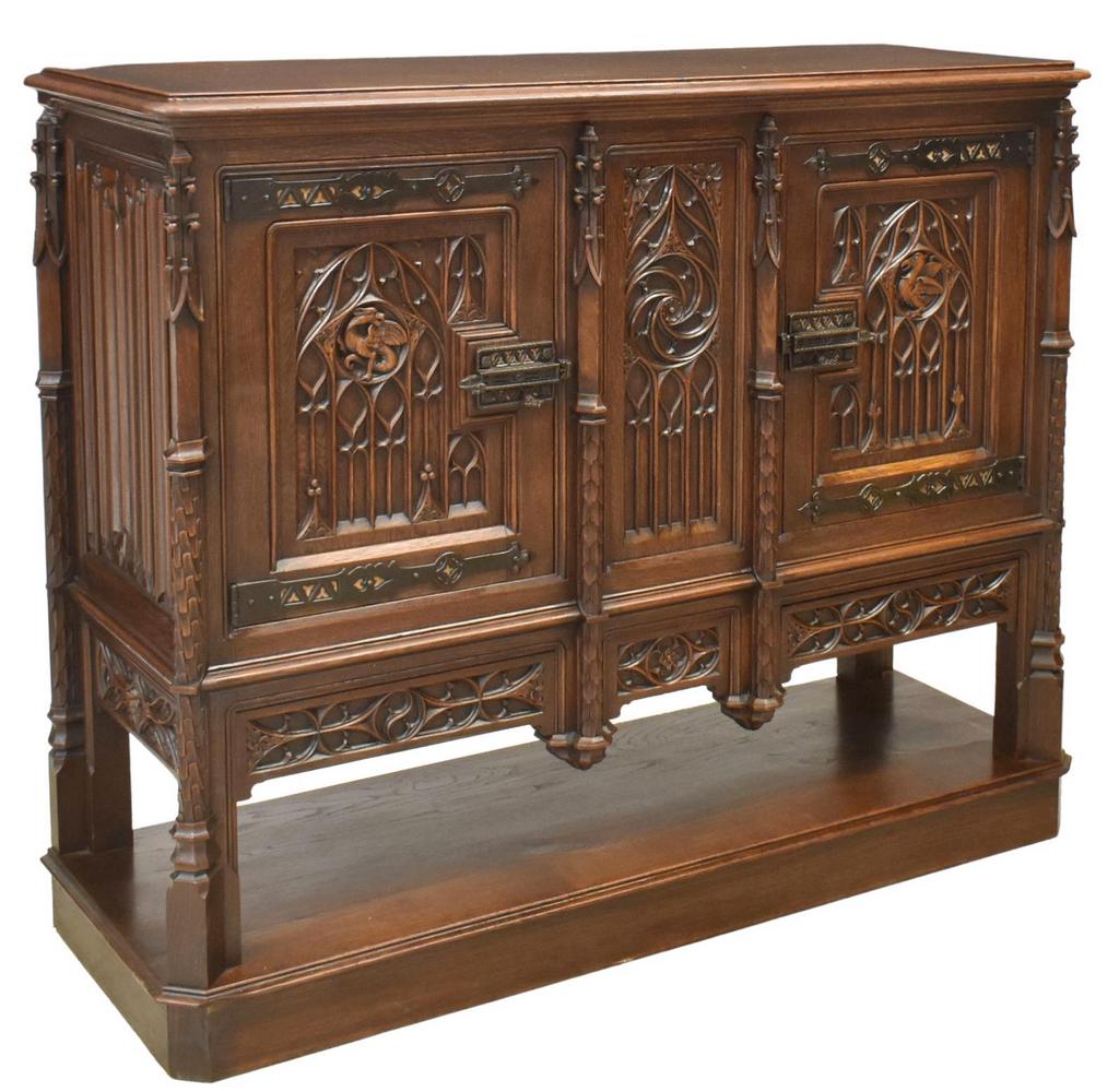 FRENCH GOTHIC REVIVAL CARVED OAK SERVER (1 of 6)