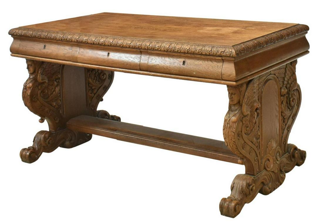 RENAISSANCE REVIVAL FIGURAL CARVED LIBRARY TABLE (1 of 7)