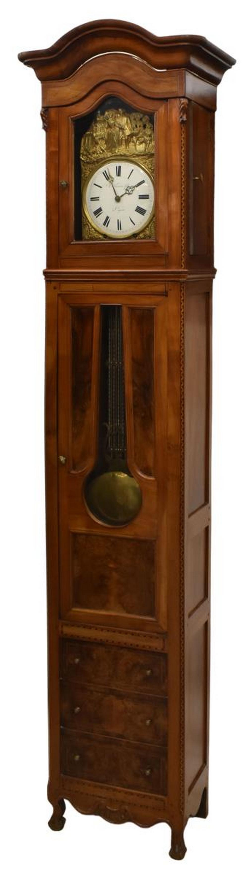 FRENCH MORBIER WALNUT LONG CASE CLOCK, 19TH C. (1 of 5)